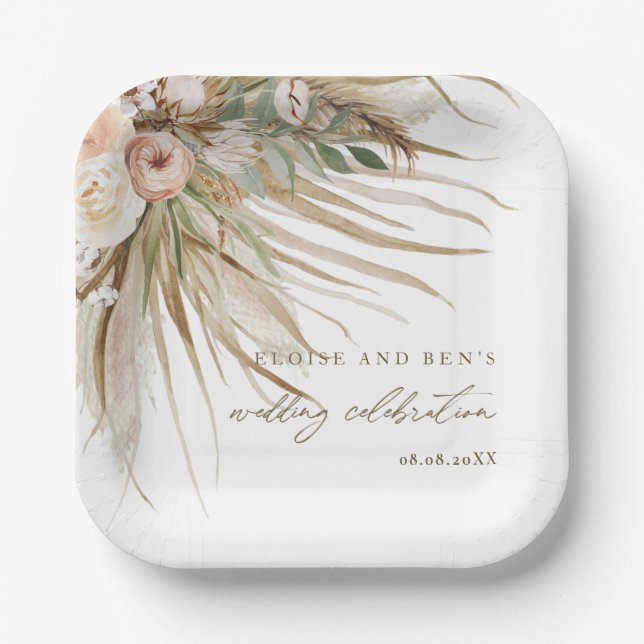 Earthy Dried Pampas Grass Floral Wedding Bridal Paper Plate (Front)