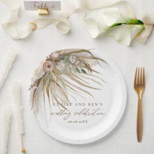 Earthy Dried Pampas Grass Floral Wedding Bridal Paper Plate