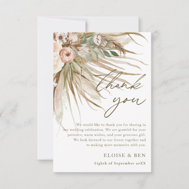 Earthy Dried Pampas Grass Floral Wedding Bridal Thank You Card (Front)