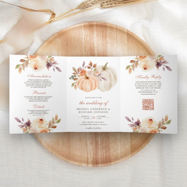 Earthy Dusty Peach Floral Pumpkin QR Code Wedding Tri-Fold Invitation (Creator Uploaded)