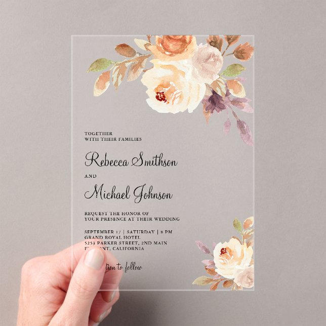 Earthy Dusty Peach Floral Wedding Acrylic Invitations (Insitu (Handheld))