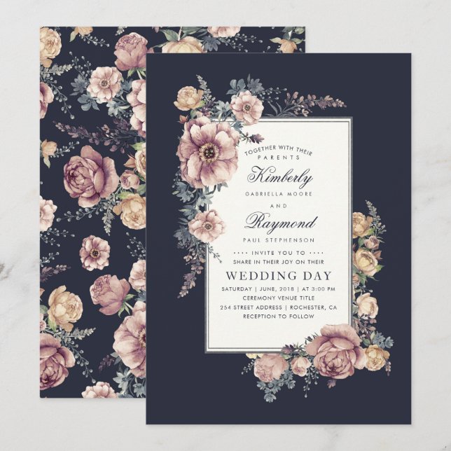 Earthy Dusty Rose and Navy Blue Floral Wedding Invitation (Front/Back)