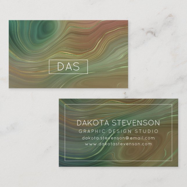 Earthy Emerald Strata | Green and Golden Ink Agate Business Card (Front/Back)