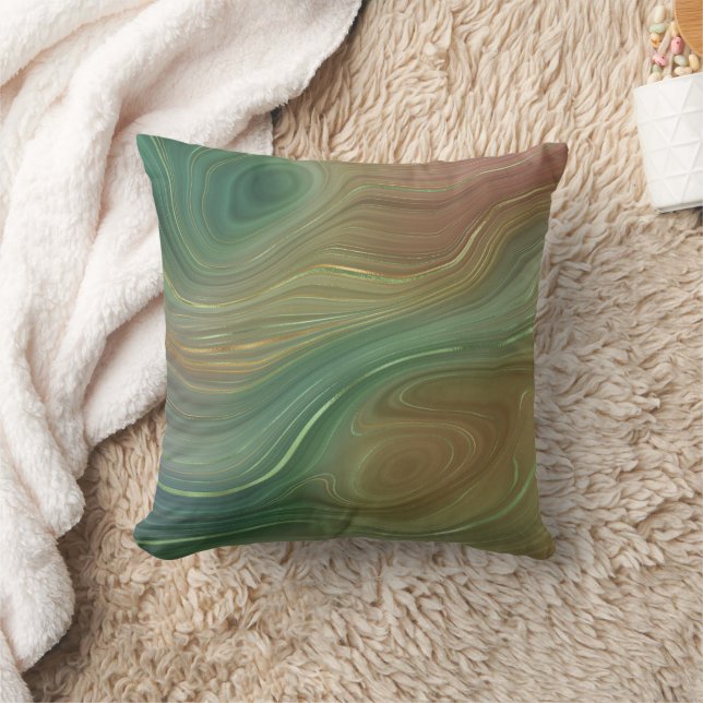 Earthy Emerald Strata | Green and Golden Ink Agate Cushion (Blanket)