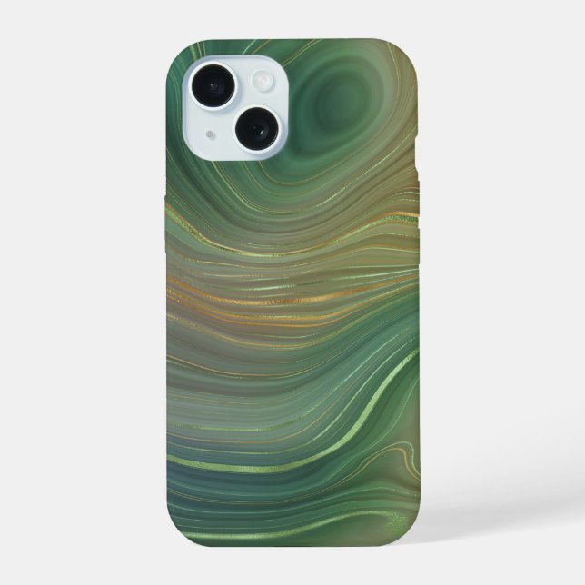 Earthy Emerald Strata | Green and Golden Ink Agate iPhone 15 Case (Back)