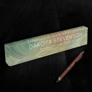 Earthy Emerald Strata Green and Golden Ink Agate Nameplate
