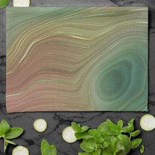 Earthy Emerald Strata Green and Golden Ink Agate Tea Towel