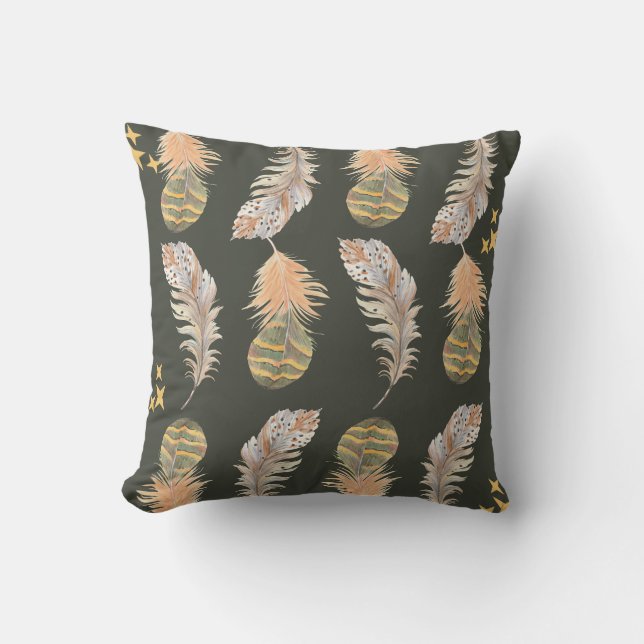 Earthy Feather Pattern Throw Pillow (Front)