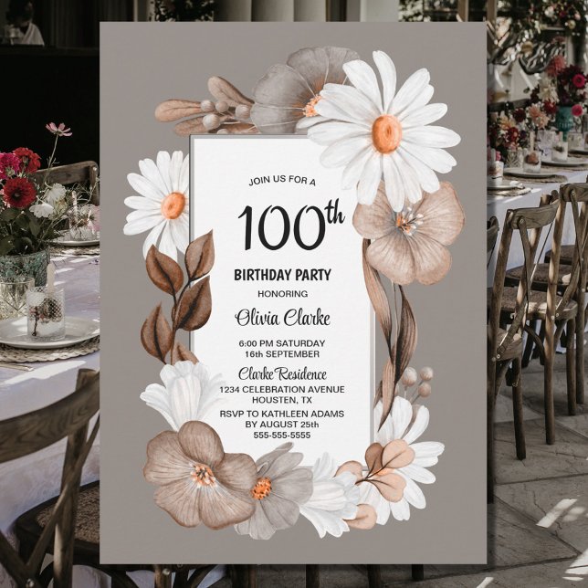 Earthy Floral 100th Birthday Party Invitation (Creator Uploaded)