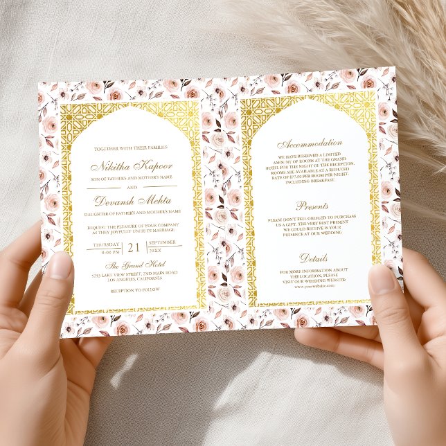 Earthy Floral All in One Gold Indian Wedding Invitation (Creator Uploaded)