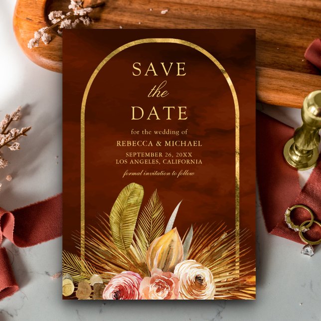 Earthy Floral Arch Gold Burnt Orange Wedding Save The Date (Creator Uploaded)