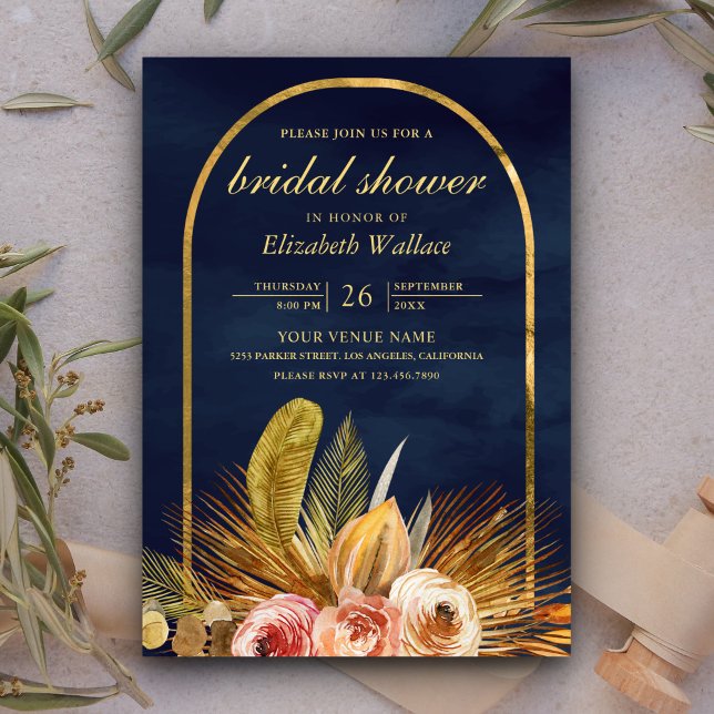 Earthy Floral Arch Gold Navy Blue Bridal Shower Invitation (Creator Uploaded)