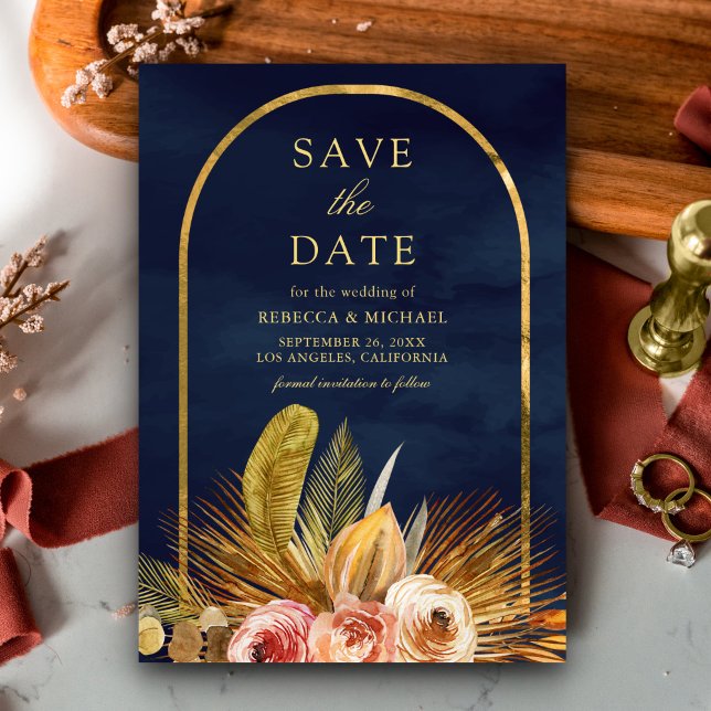 Earthy Floral Arch Gold Navy Blue Wedding Save The Date (Creator Uploaded)