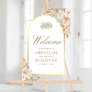 Earthy Floral Arch Muslim Wedding Welcome Acrylic Sign