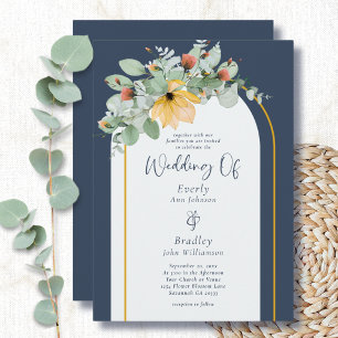 Earthy Floral Arch Navy Non Photo QR Code Wedding Invitation