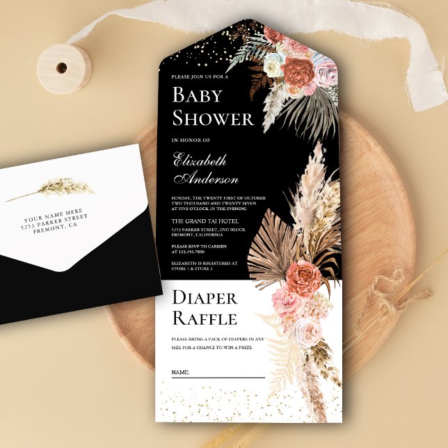 Earthy Floral Boho Pampas Grass Black Baby Shower All In One Invitation (Creator Uploaded)