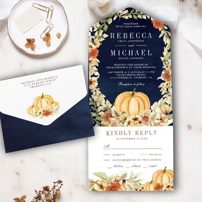 Earthy Floral Botanical Pumpkin Navy Blue Wedding All In One Invitation (Creator Uploaded)