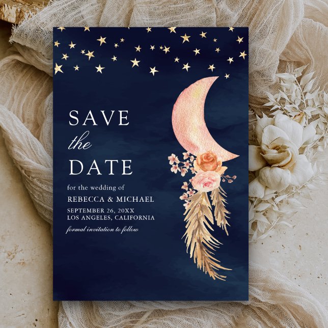 Earthy Floral Crescent Moon Navy Blue Wedding Save The Date (Creator Uploaded)