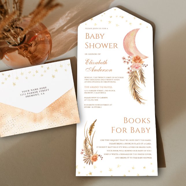 Earthy Floral Pampas Crescent Moon Baby Shower All In One Invitation (Creator Uploaded)