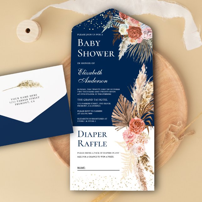 Earthy Floral Pampas Grass Navy Blue Baby Shower All In One Invitation (Creator Uploaded)