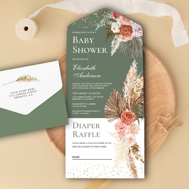 Earthy Floral Pampas Grass Sage Green Baby Shower All In One Invitation (Creator Uploaded)