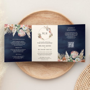 Earthy Floral Pampas Navy Blue QR Code Wedding Tri-Fold Invitation