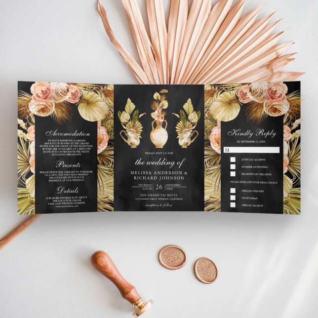 Earthy Floral Pots Dried Boho Palm Black Wedding Tri-Fold Invitation (Creator Uploaded)