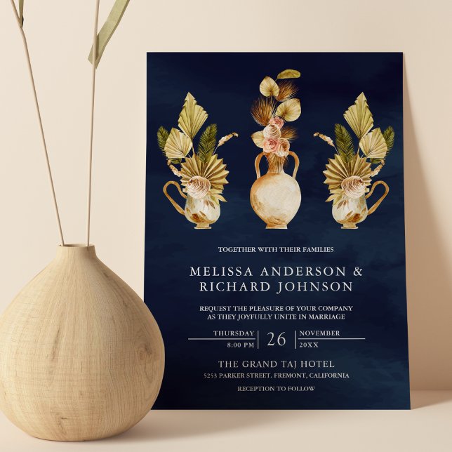 Earthy Floral Pots Dried Palm Navy Blue Wedding Invitation (Creator Uploaded)