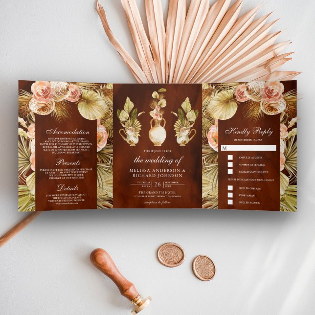 Earthy Floral Pots Dried Palm Terracotta Wedding Tri-Fold Invitation (Creator Uploaded)