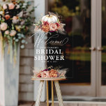 Earthy Floral Pumpkin Bridal Shower Welcome Acrylic Sign<br><div class="desc">If your bridal shower is in the fall, enhance your decor with this acrylic welcome sign. The design boasts beautiful typography, terracotta, burgundy, and brown flowers, pampas grass, gold greenery, and a charming white pumpkin. The transparent acrylic adds depth and a unique look, making everything more lively and distinctive right...</div>