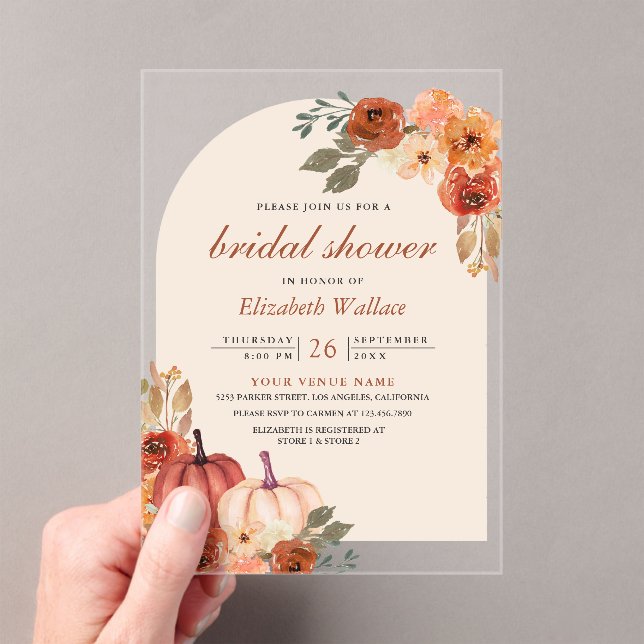 Earthy Floral Terracotta Pumpkin Bridal Shower Acrylic Invitations (Insitu (Handheld))