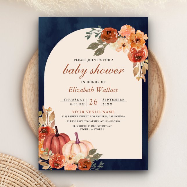 Earthy Floral Terracotta Pumpkin Navy Baby Shower Invitation (Creator Uploaded)