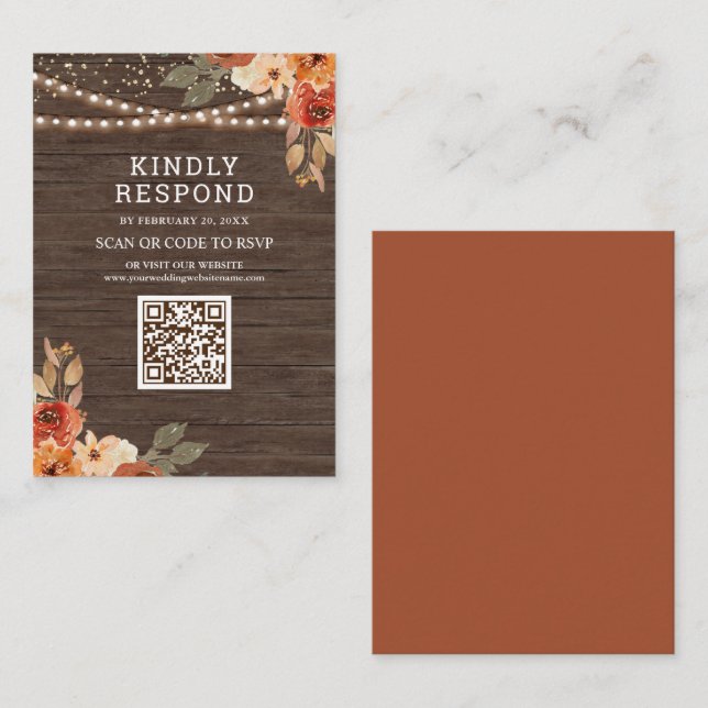Earthy Floral Wood Terracotta QR Code RSVP Wedding Enclosure Card (Front/Back)