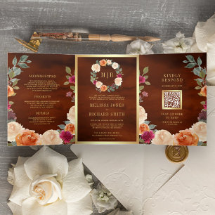 Earthy Floral Wreath QR Code Terracotta Wedding Tri-Fold Invitation