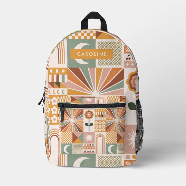 Earthy Geometric 70s Retro Personalised Name Printed Backpack (Front)