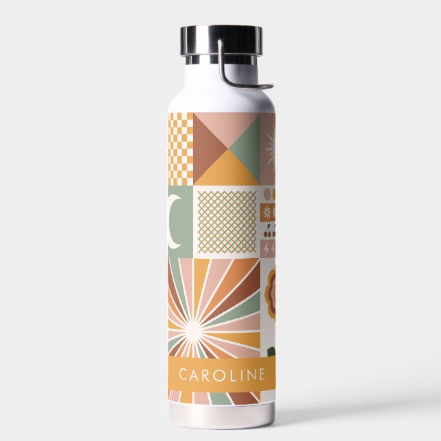 Earthy Geometric 70s Retro Personalised Name Water Bottle (Left)