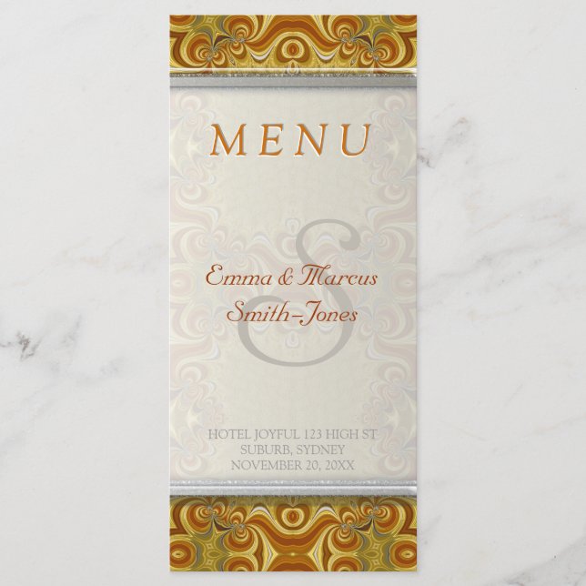 Earthy Gold Retro Bohemian Vintage Wedding Menu (Front)