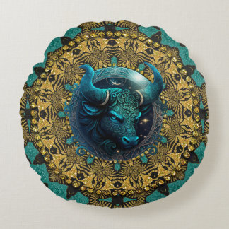 Earthy Gold Teal Tribal Taurus Zodiac Round Cushion