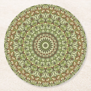 Earthy Green and Brown Mandala Pattern Design Round Paper Coaster