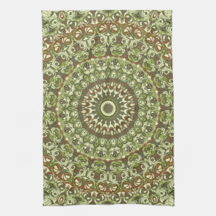 Earthy Green and Brown Mandala Pattern Design Tea Towel