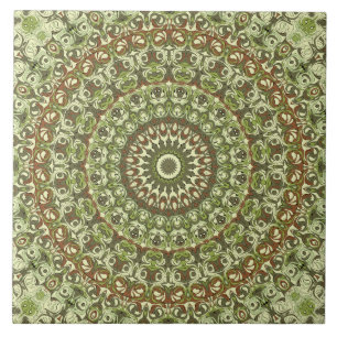 Earthy Green and Brown Mandala Pattern Design Tile