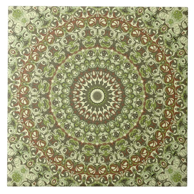 Earthy Green and Brown Mandala Pattern Design Tile (Front)