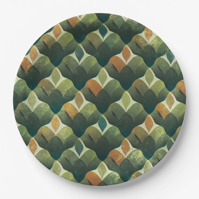 Earthy Green Art Deco Fan Pattern Paper Plate (Front)