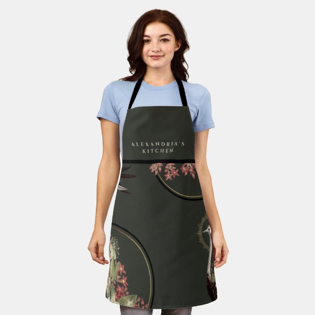 Earthy Green Artistic Floral + Your Name Kitchen Apron (Worn)