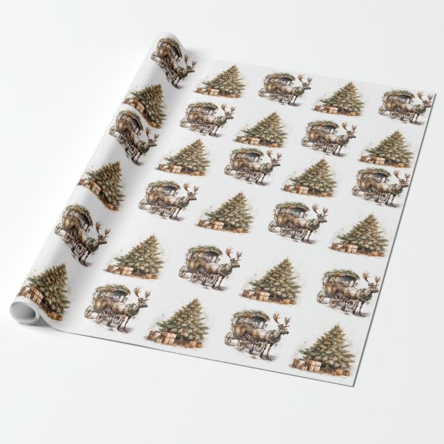 Earthy green gold Christmas Reindeer carriage tree Wrapping Paper (Unrolled)