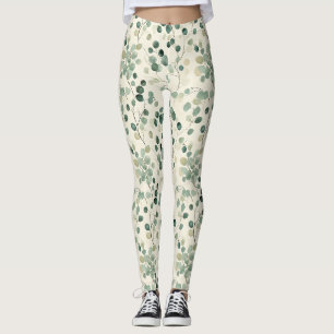 Earthy Green Leaves with Cream Fall Background Leggings