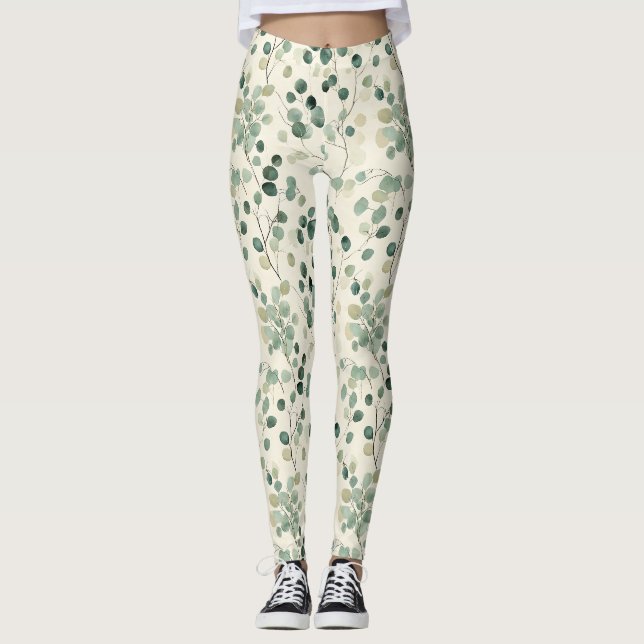 Earthy Green Leaves with Cream Fall Background Leggings (Front)