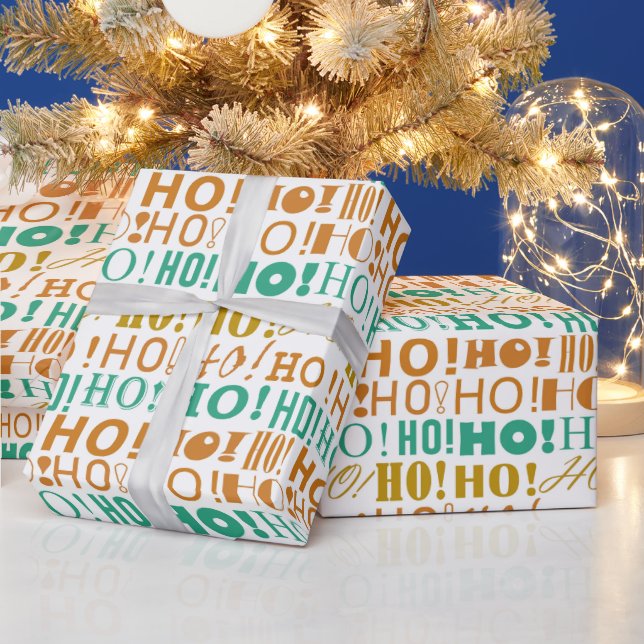Earthy Green Orange and Gold Christmas HO! HO! HO! Wrapping Paper (Holidays)