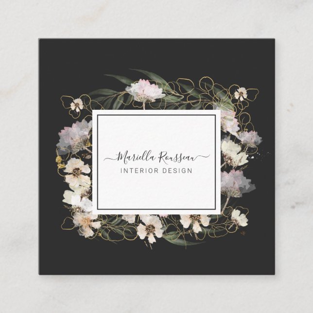 Earthy Greenery Floral Gold Glitter Black Square Business Card (Front)