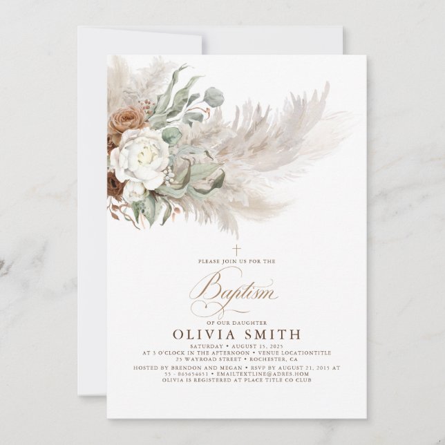 Earthy Greenery Floral Pampas Grass Boho Baptism Invitation (Front)